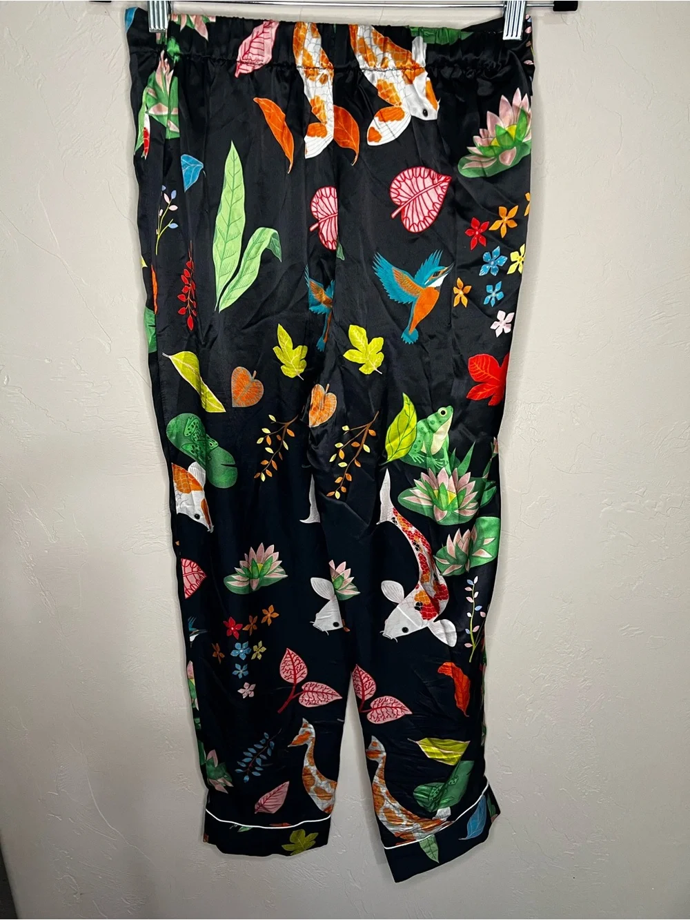 Karen Mabon 100% Silk Black Botanical Koi Fish Bird Luxury 2 Piece Pajama Set